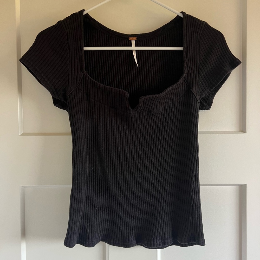 Free People Black Ribbed Short Sleeve Top